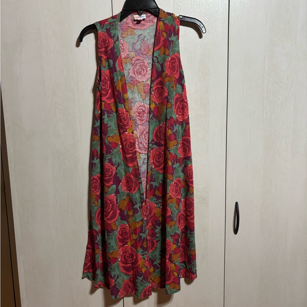 LuLaRoe Pink and Green Striped Floral Vest